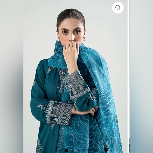 M. BASICS By MARIA. B. Elegant Teal Embroidered Suit - Picture 3 of 16